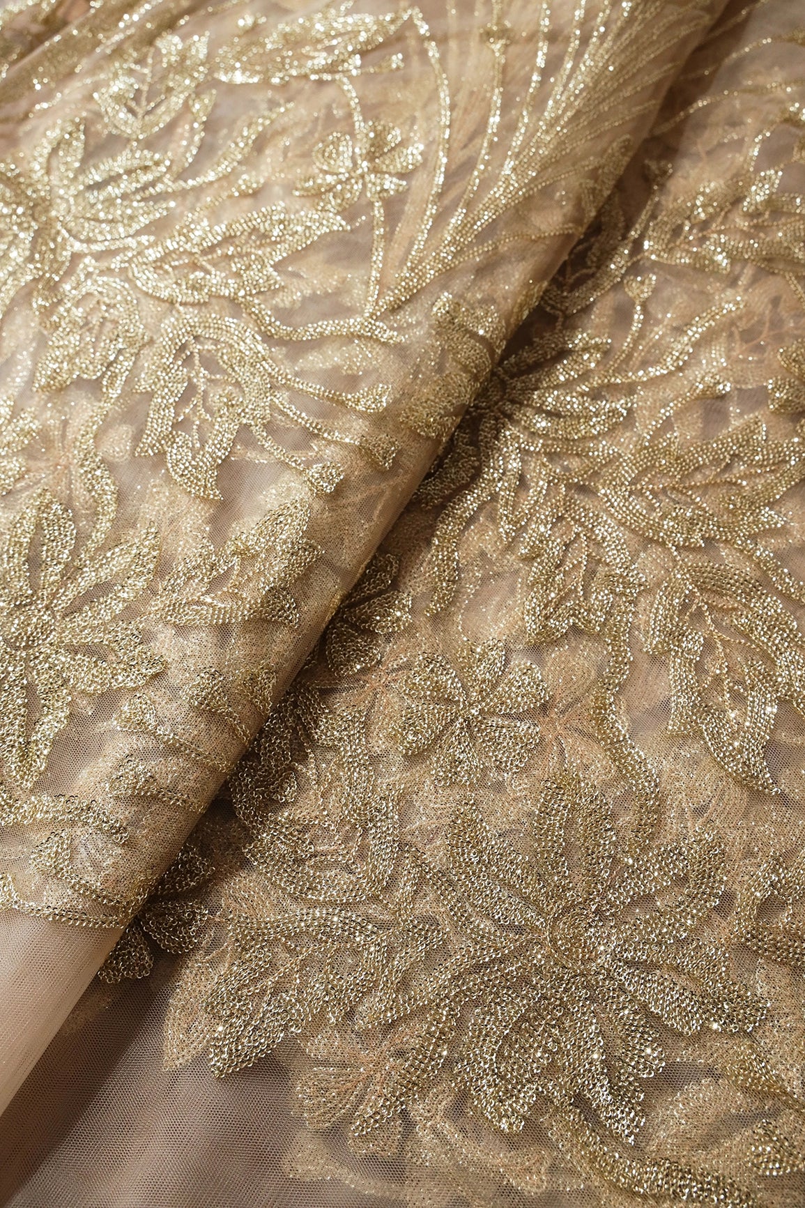 4.75 Meter Cut Piece Of Small Gold Sequins Heavy Floral Embroidery On Beige Soft Net Fabric