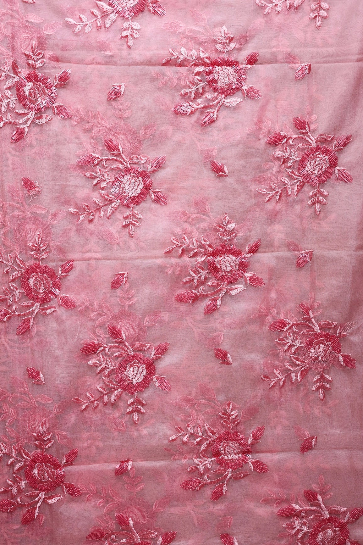 2 Meter Cut Piece Of Pink Thread With Sequins Floral Embroidery On Salmon Pink Organza Fabric