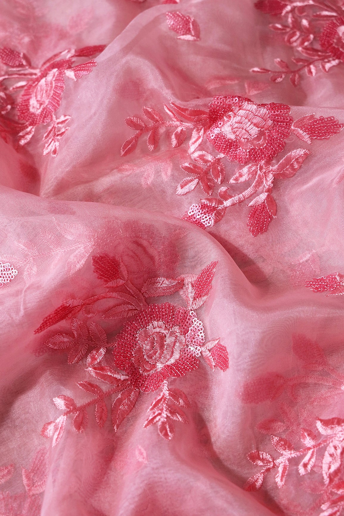 2 Meter Cut Piece Of Pink Thread With Sequins Floral Embroidery On Salmon Pink Organza Fabric
