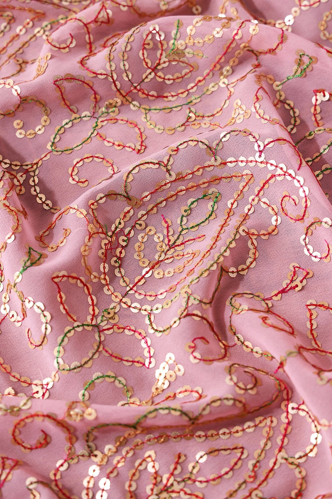 1 Meter Cut Piece Of Gold Sequins With Multi Thread Paisley Heavy Embroidery On Pink Georgette Fabric