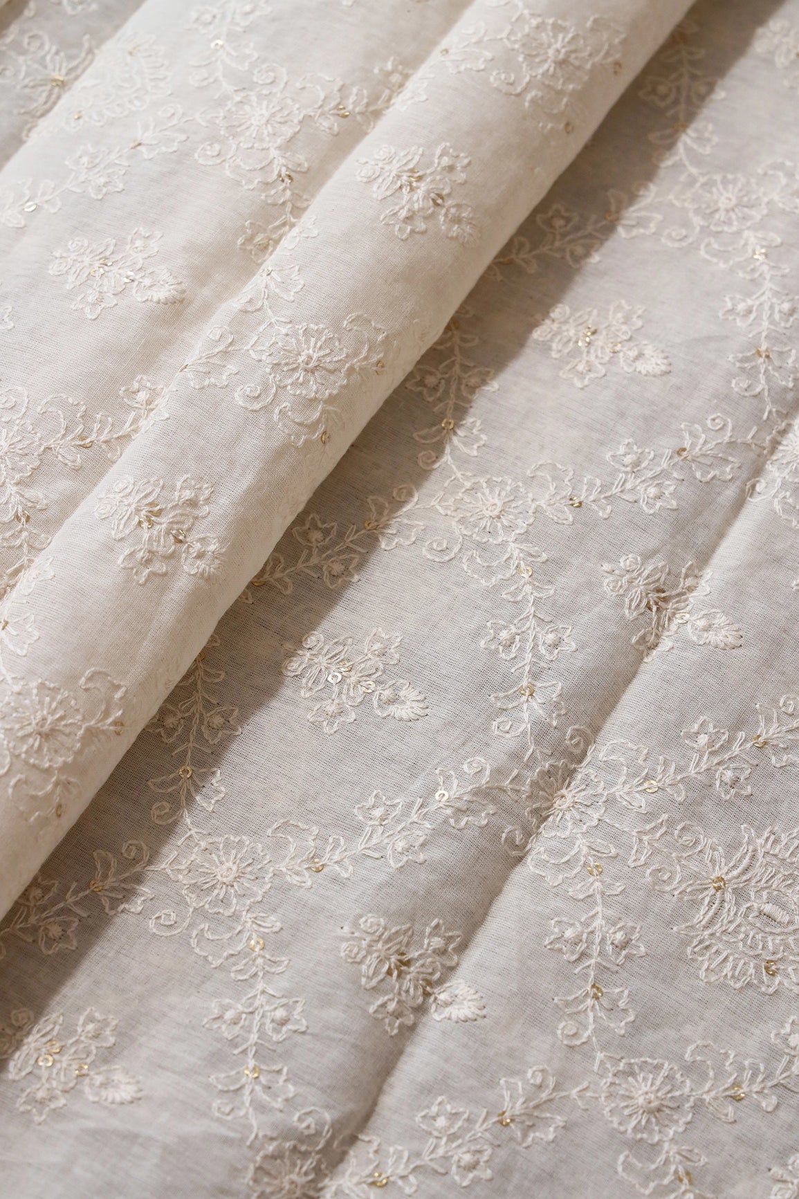 2 Meter Cut Piece Of Beautiful White Thread With Gold Sequins Floral Embroidery On Off White Cotton Fabric