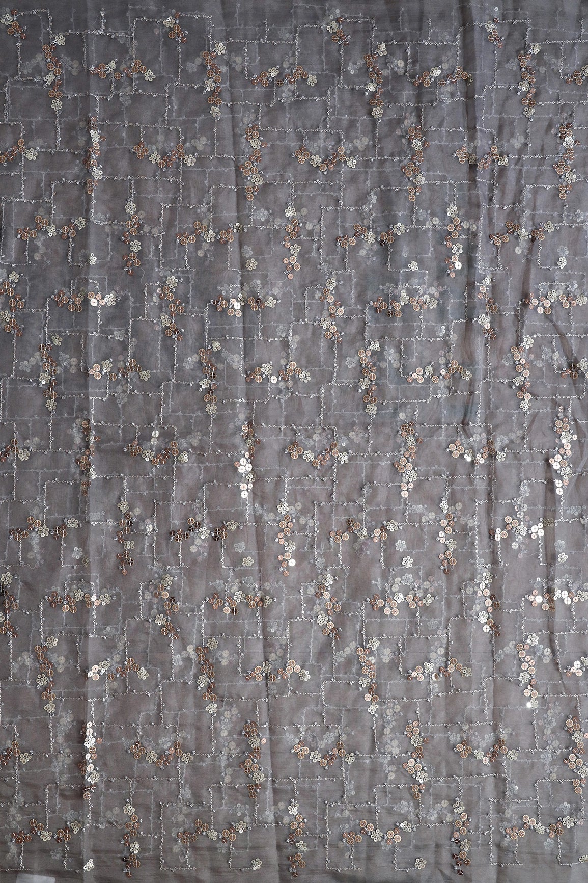 1.50 Meter Cut Piece Of Silver And Copper Sequins Geometric Embroidery On Grey Organza Fabric