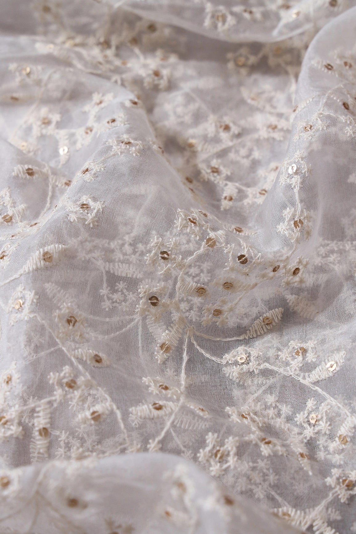 2.75 Meter Cut Piece Of White Thread With Gold Sequins Leafy Embroidery On White Organza Fabric