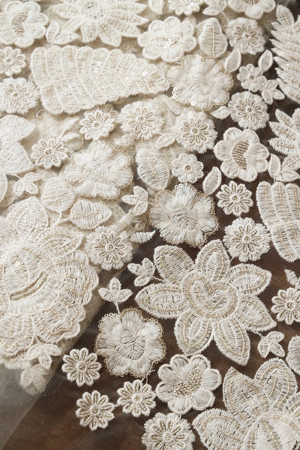 White Thread With Sequins Heavy Floral Embroidery On Dusty Olive Soft Net Fabric