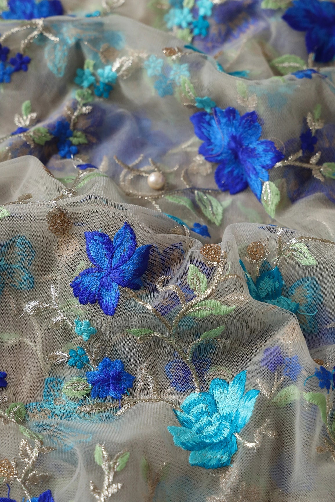 3.75 Meter Cut Piece Of Royal Blue And Teal Thread With Sequins Floral Embroidery On Cream Soft Net Fabric