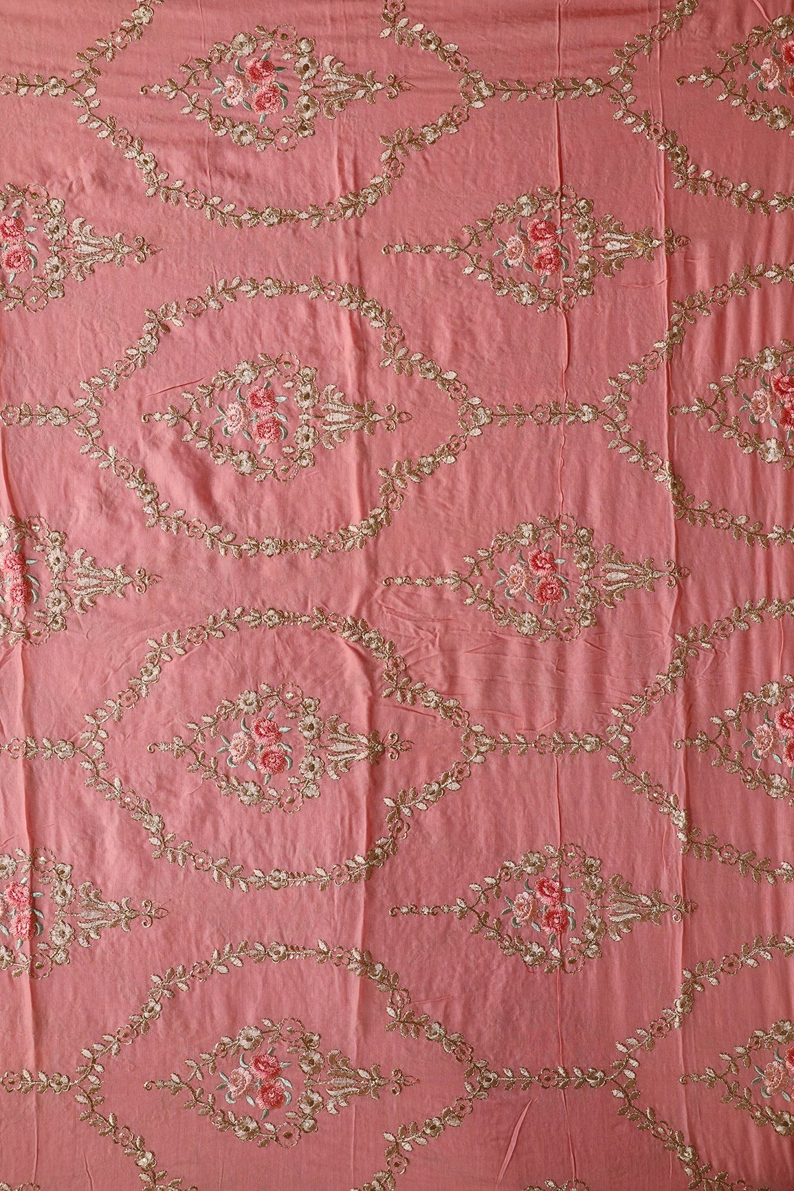 2 Meter Cut Piece Of Beige Thread With Gold Zari Mughal Floral Embroidery On Peach Muslin Silk Fabric