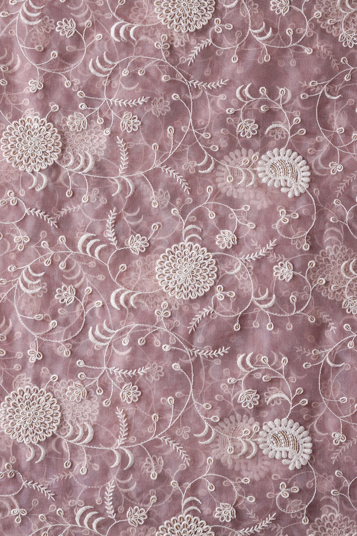 Exclusive Gold Matte Sequins With White Thread Floral Embroidery On Mauve Organza Fabric