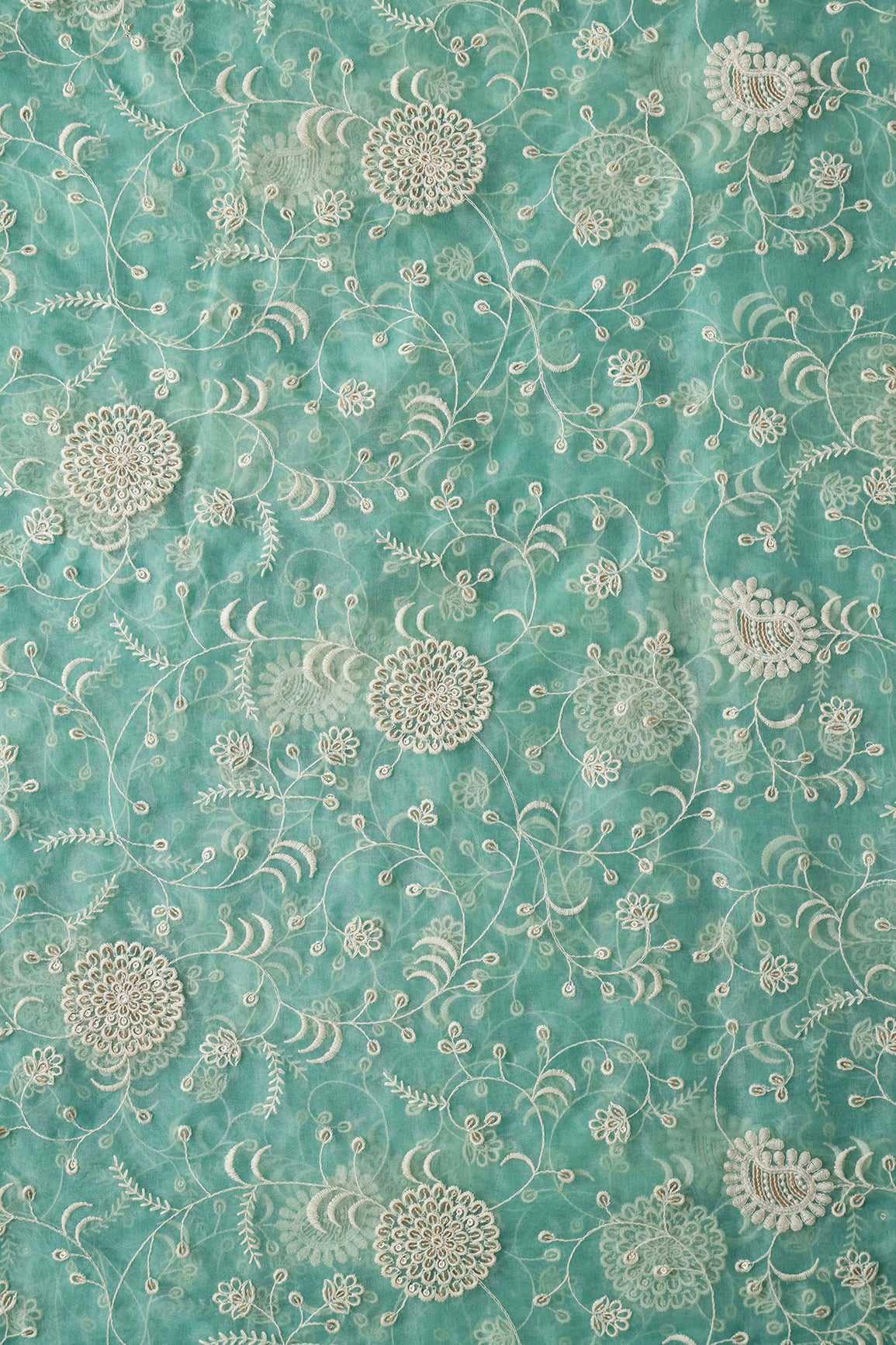 Exclusive Gold Matte Sequins With White Thread Floral Embroidery On Teal Organza Fabric