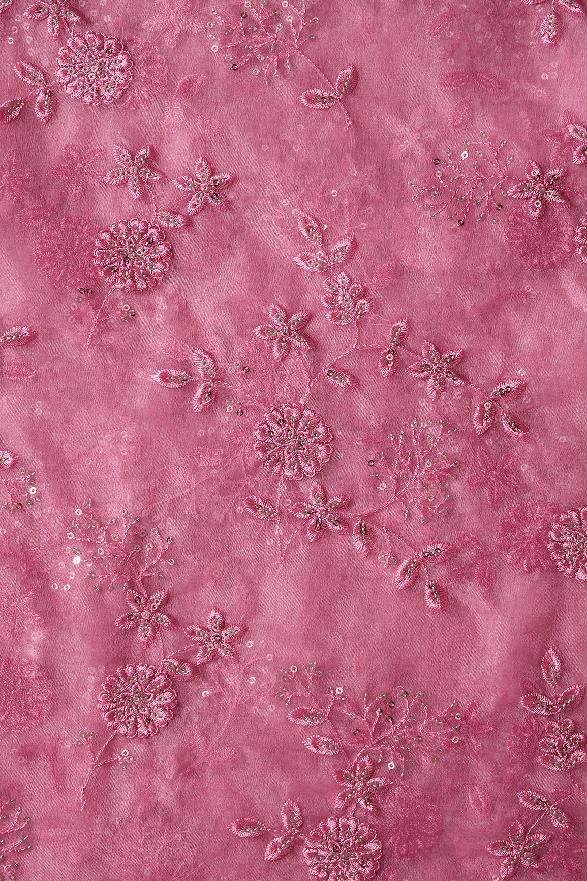 Gold Sequins With Thread Floral Embroidery On Pink Organza Fabric