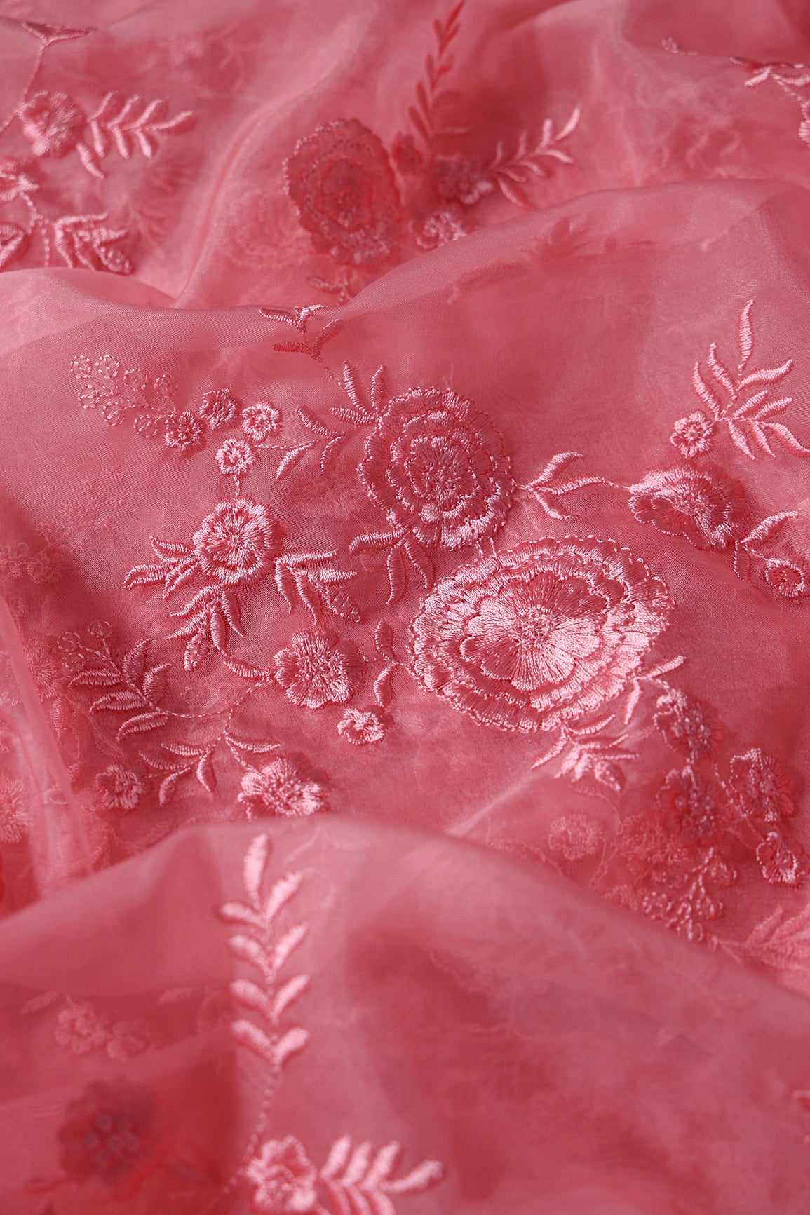 Elegant Floral Thread With Water Sequins Embroidery On Salmon Pink Organza Fabric