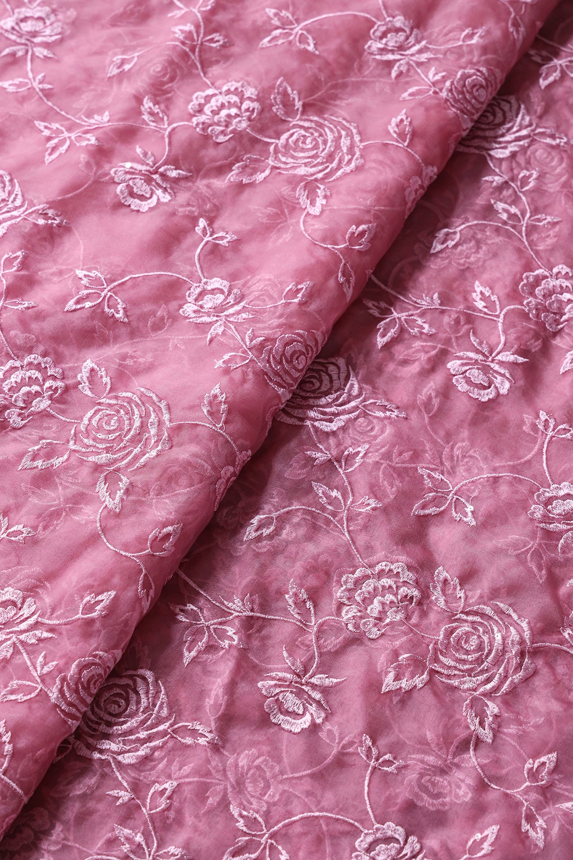 Beautiful Water Sequins With Thread Floral Embroidery On Pink Organza Fabric