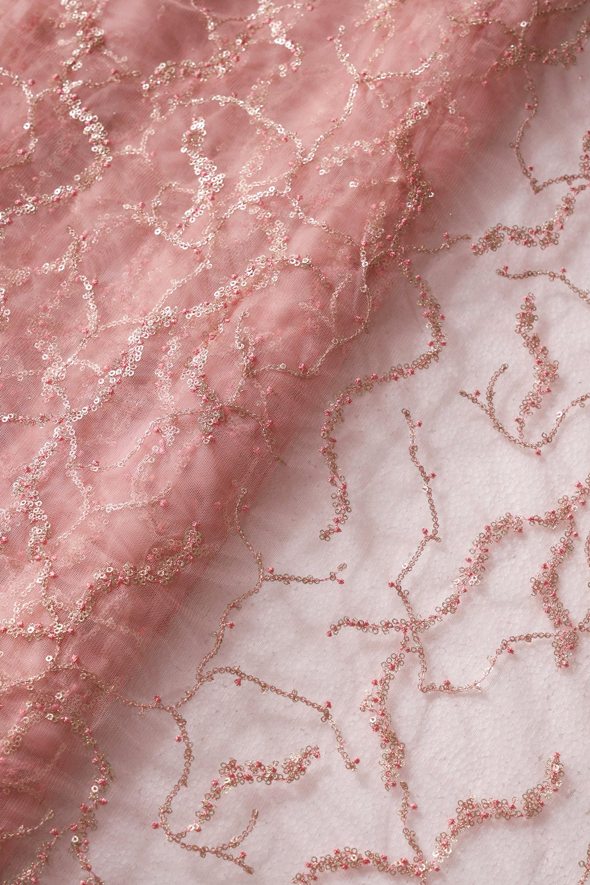 Pink Thread With Gold Glitter Sequins Abstract Embroidery On Pink Soft Net Fabric