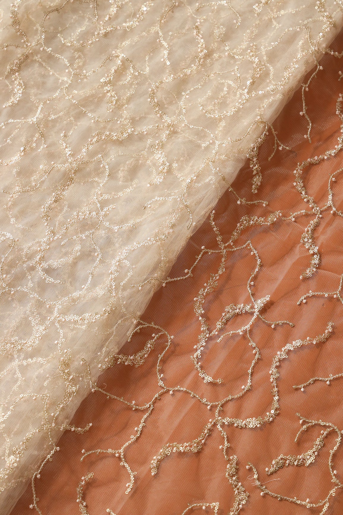 Cream Thread With Gold Glitter Sequins Abstract Embroidery On Cream Soft Net Fabric
