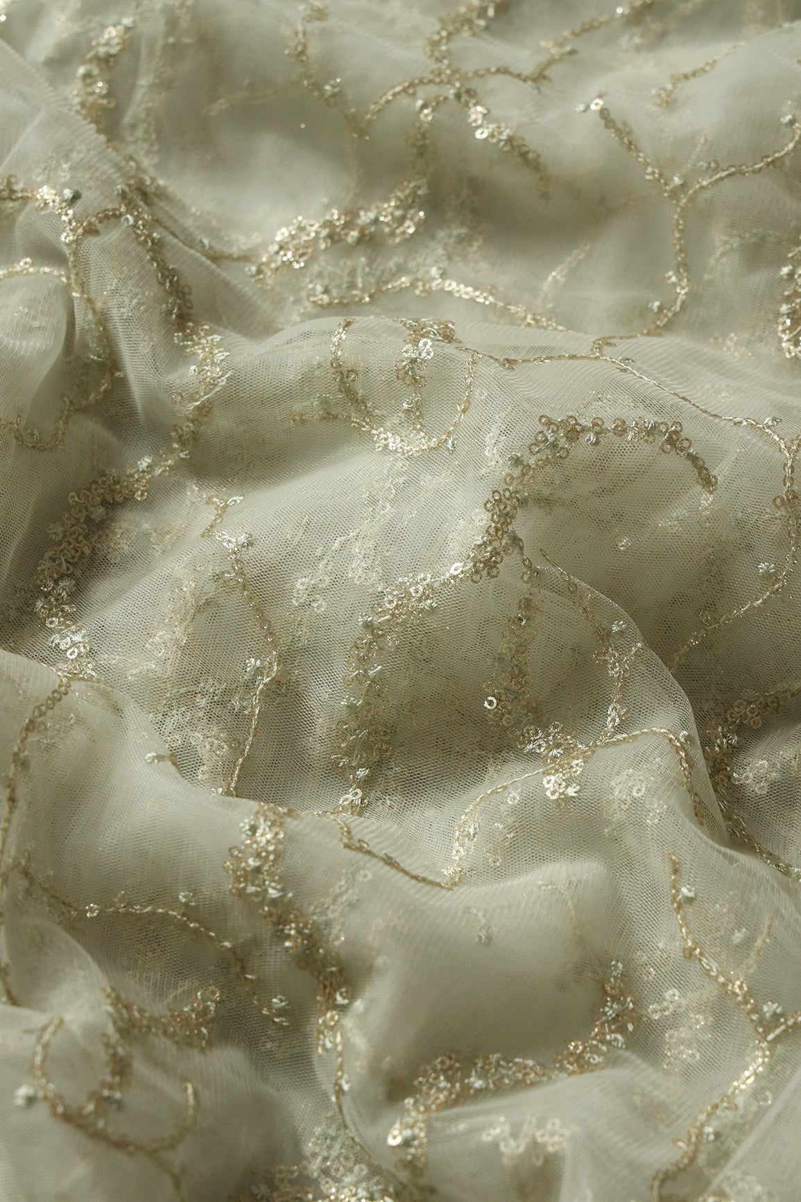 Olive Thread With Gold Glitter Sequins Abstract Embroidery On Light Olive Soft Net Fabric