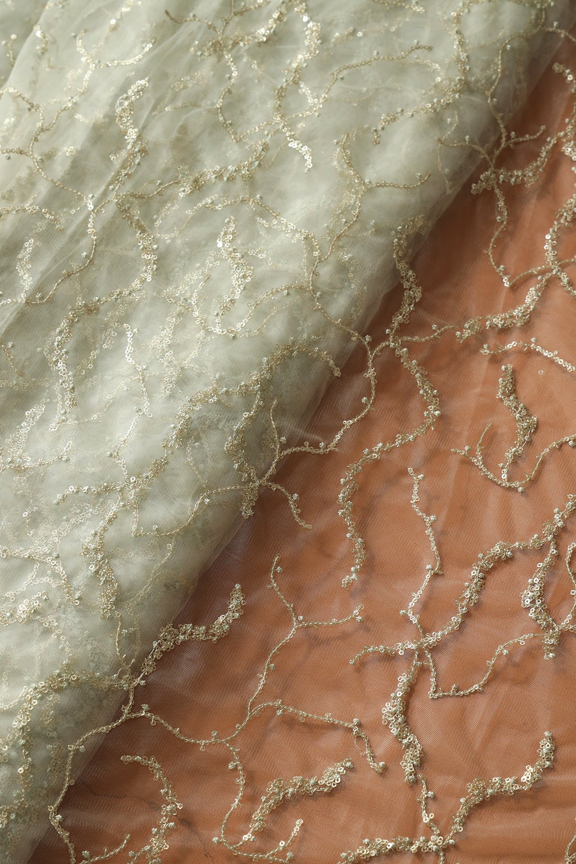 Olive Thread With Gold Glitter Sequins Abstract Embroidery On Light Olive Soft Net Fabric