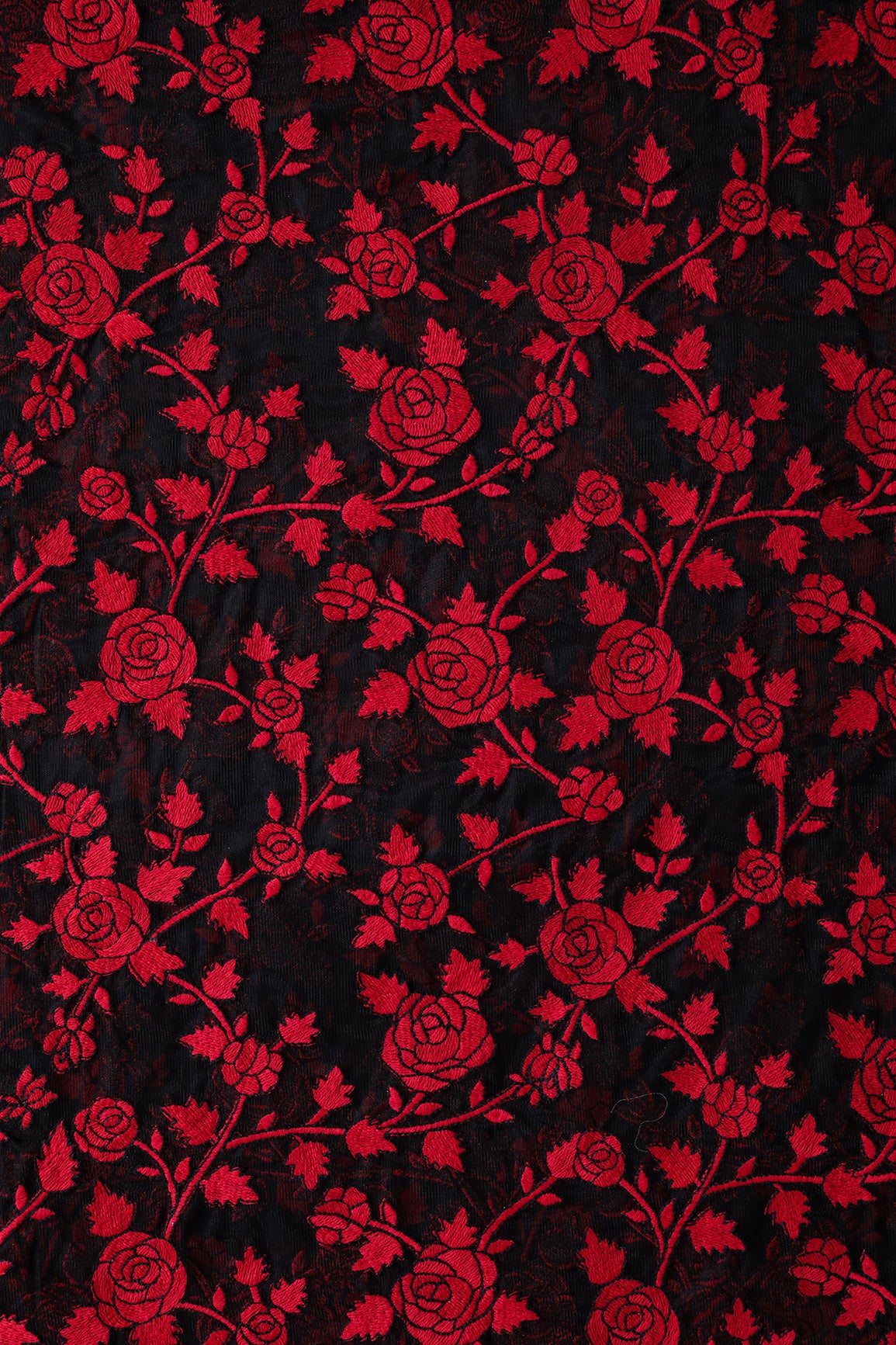 Red Thread Floral Heavy Embroidery Work On Black Soft Net Fabric