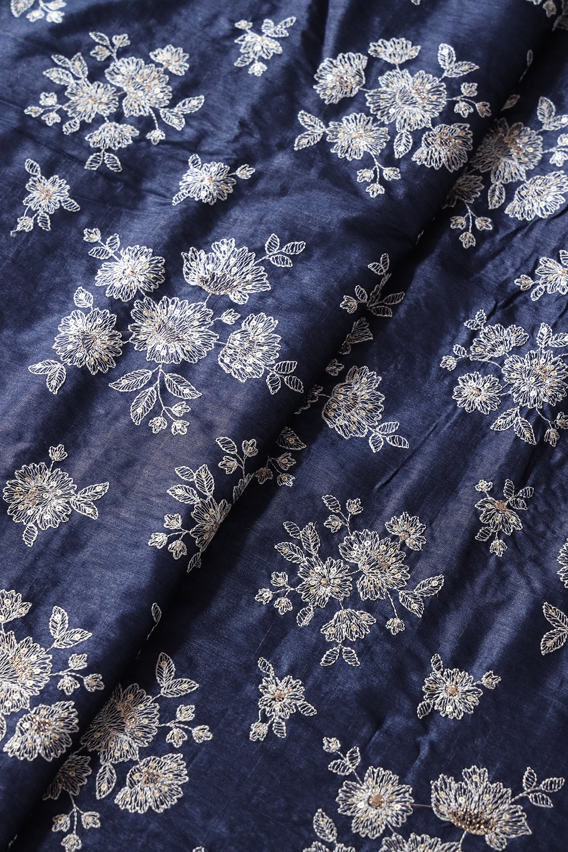 White Thread With Gold Sequins Floral Embroidery On Navy Blue Pure Bamboo Silk Fabric