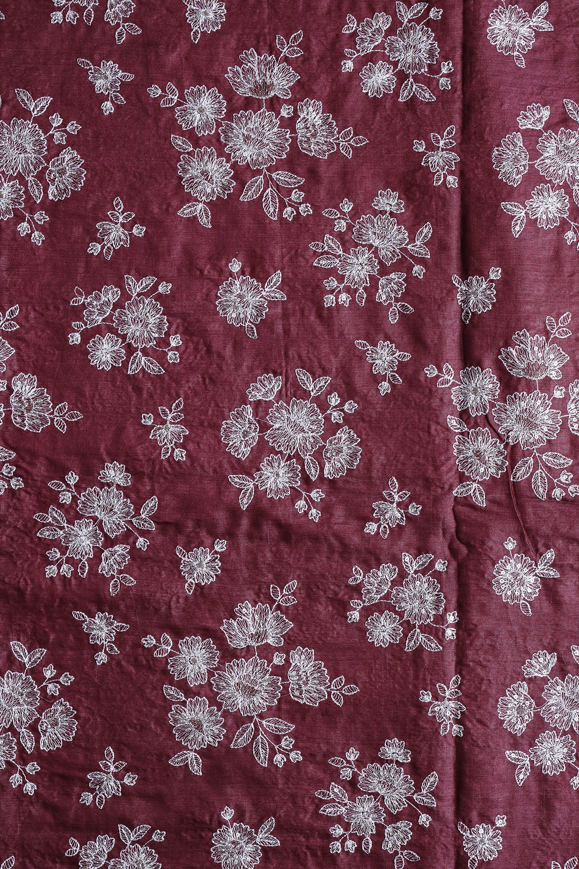 White Thread With Gold Sequins Floral Embroidery On Maroon Pure Bamboo Silk Fabric