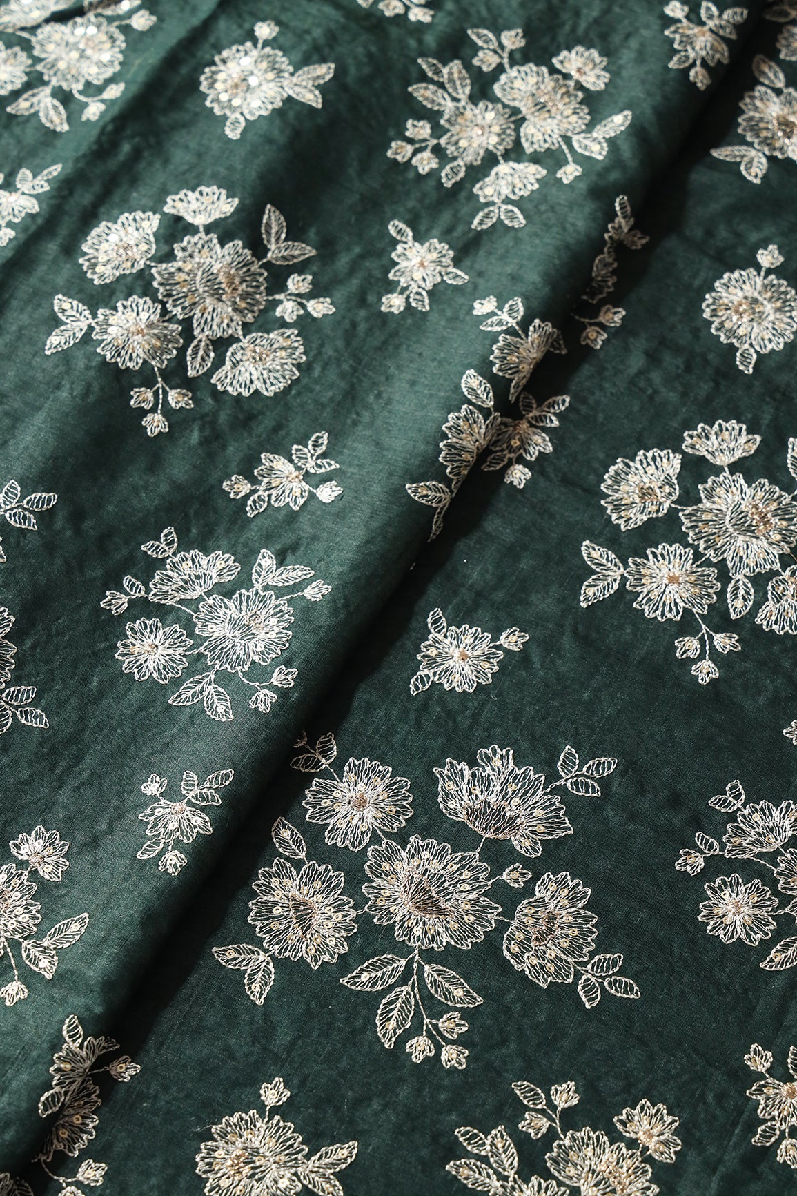 White Thread With Gold Sequins Floral Embroidery On Bottle Green Pure Bamboo Silk Fabric