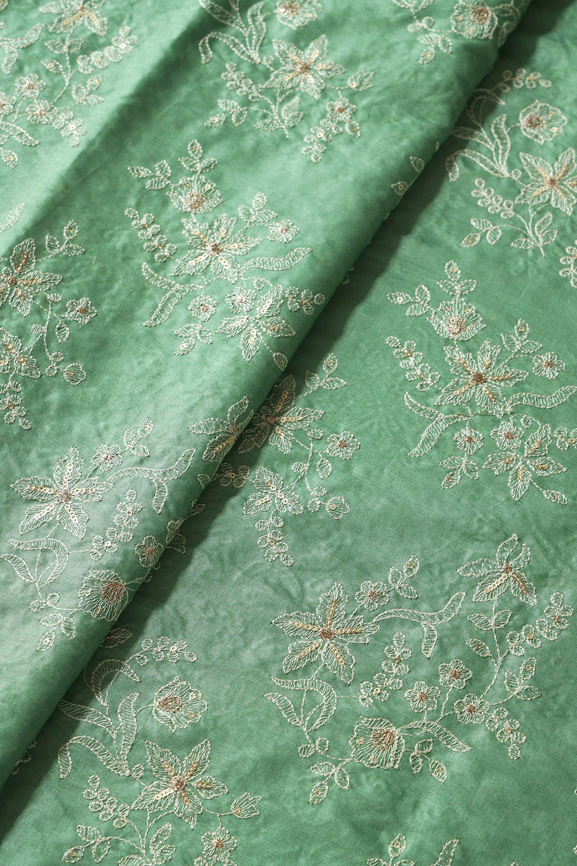 White Thread With Gold Sequins Floral Embroidery On Olive Pure Bamboo Silk Fabric
