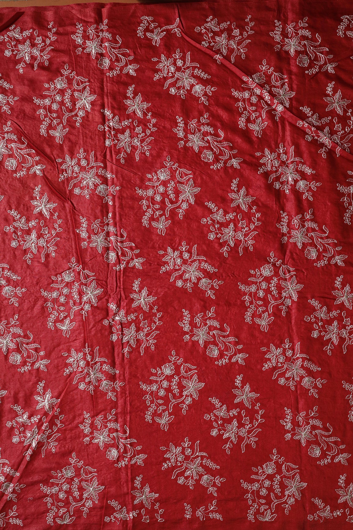 White Thread With Gold Sequins Floral Embroidery On Fire Brick Red Pure Bamboo Silk Fabric