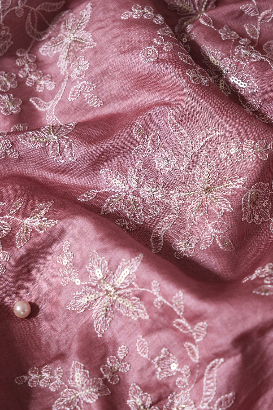 White Thread With Gold Sequins Floral Embroidery On Mauve Pure Bamboo Silk Fabric