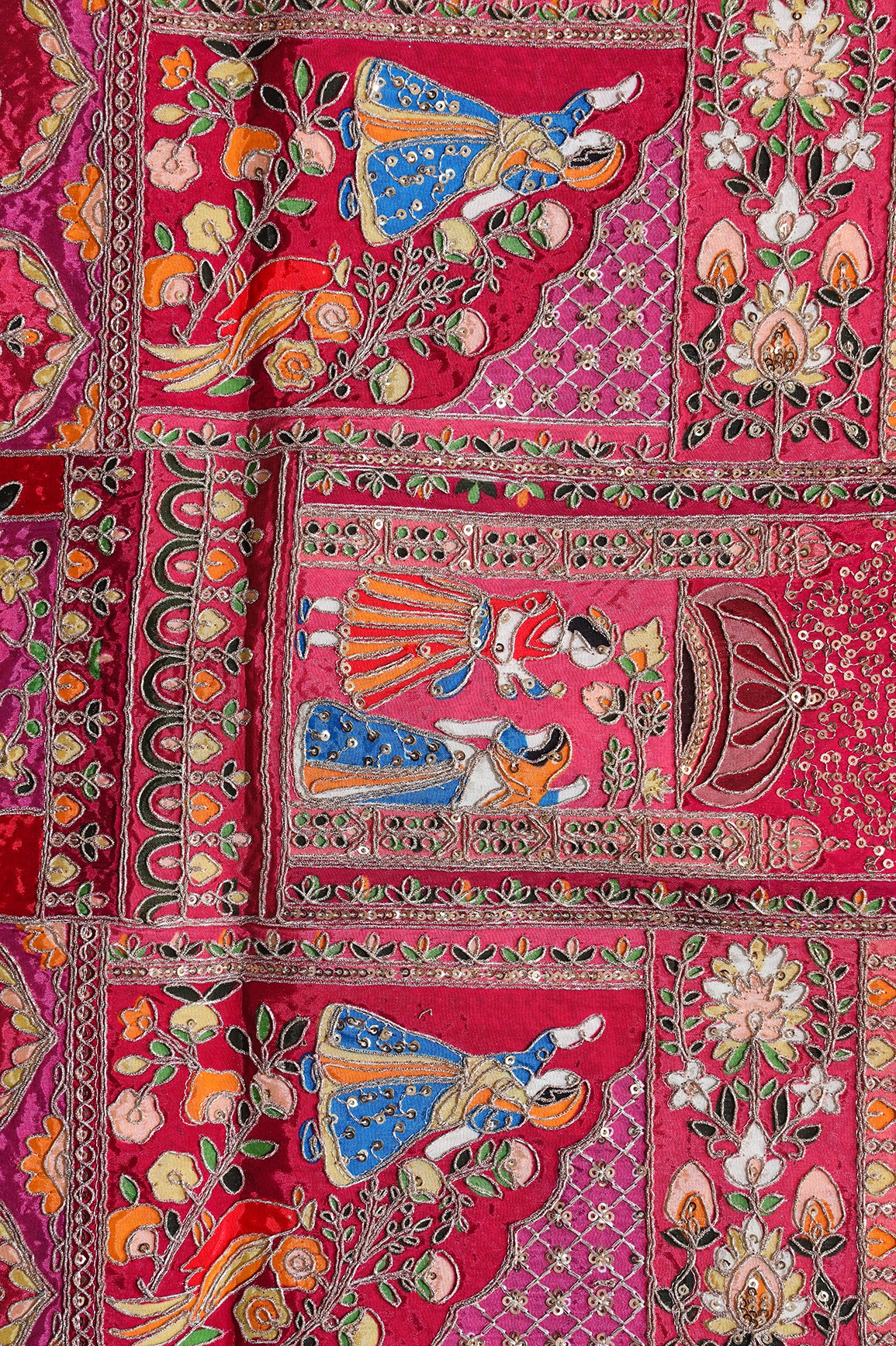 Heavy Gold Zari With Sequins Traditional Embroidery On Positional Print Rani Crepe Fabric