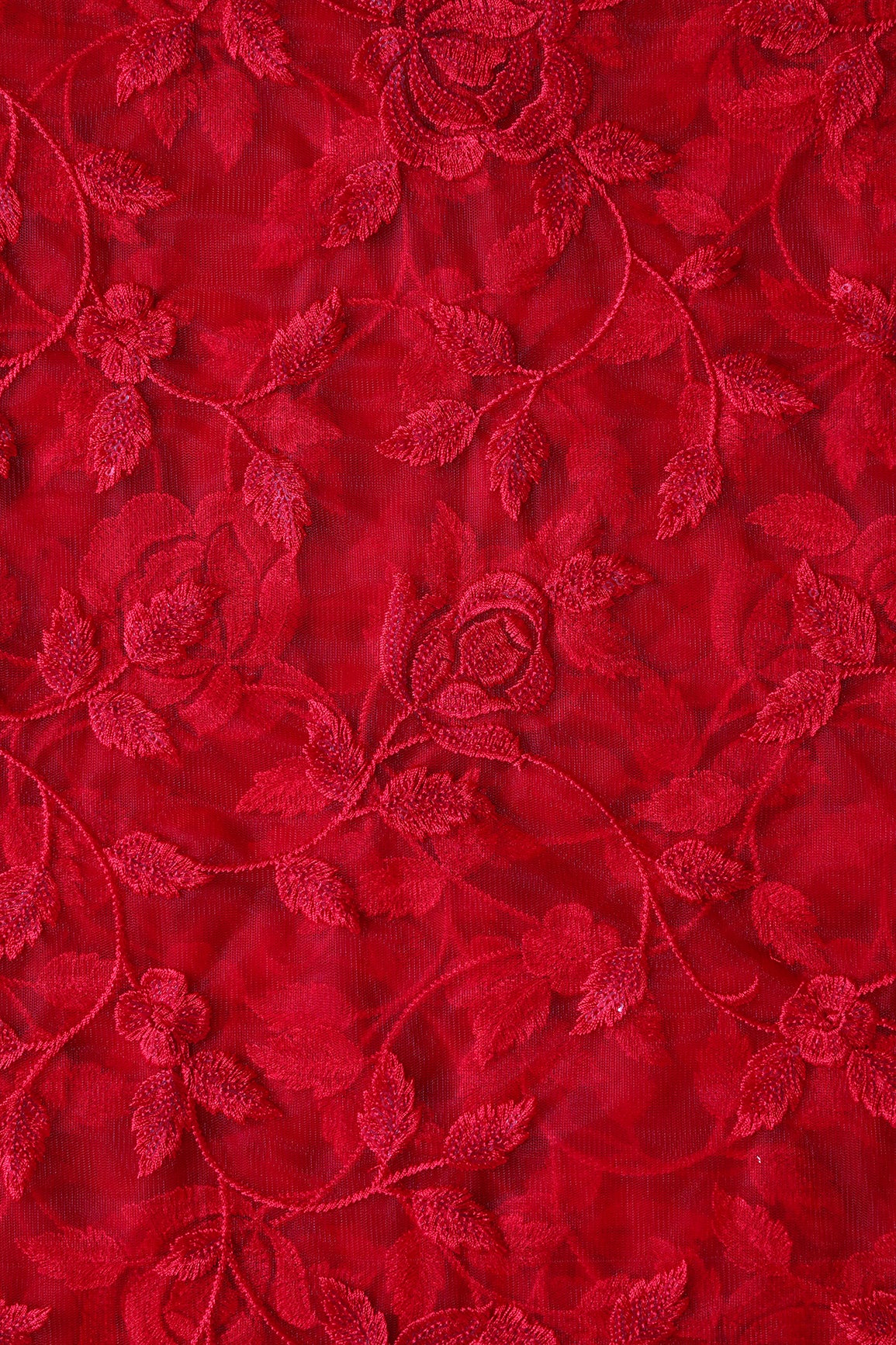 Gorgeous Red Thread With Sequins Floral Leafy Embroidery On Red Soft Net Fabric