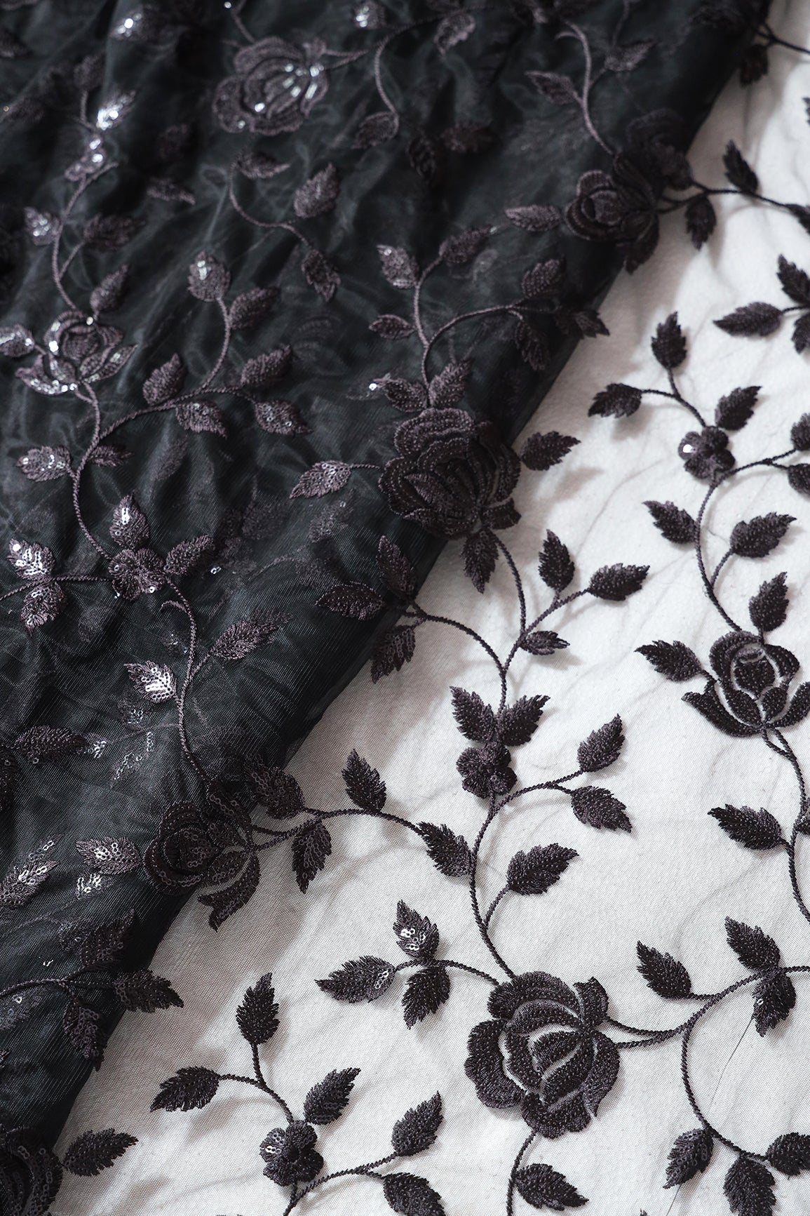 Gorgeous Black Thread With Sequins Floral Leafy Embroidery On Black Soft Net Fabric