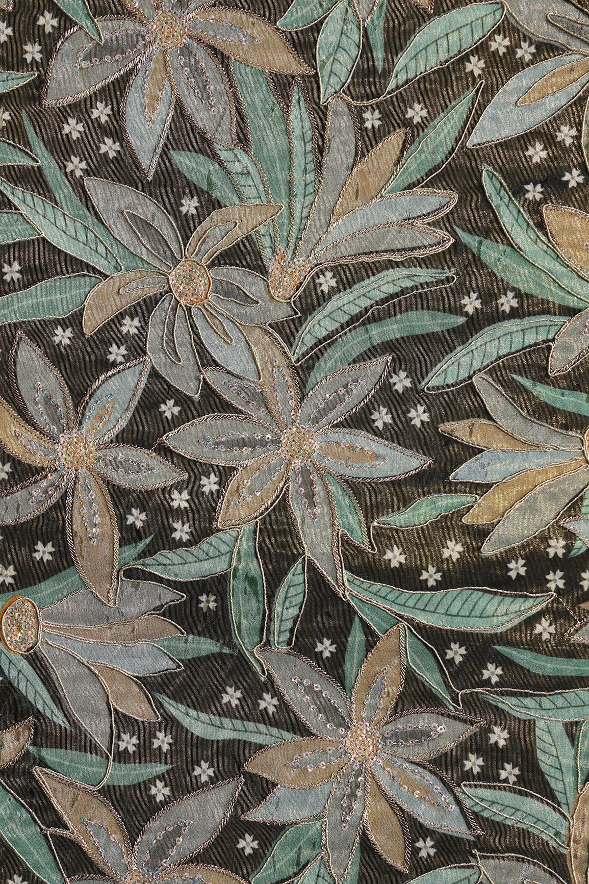 Floral Position Print On Sequins With Zari Embroidery On Mehndi Green Viscose Zari Tissue Fabric