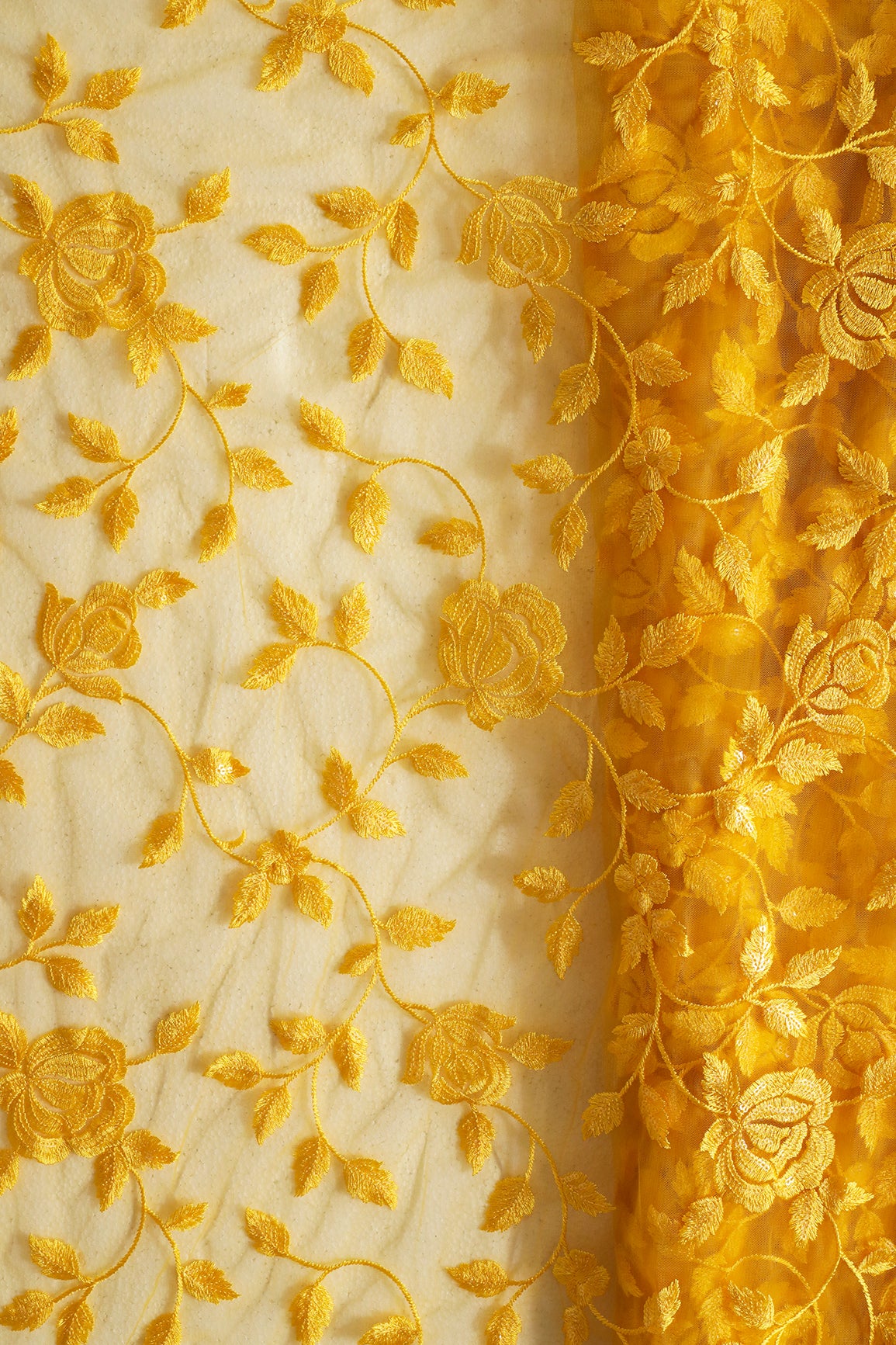 Gorgeous Yellow Thread With Sequins Floral Leafy Embroidery On Mustard Yellow Soft Net Fabric