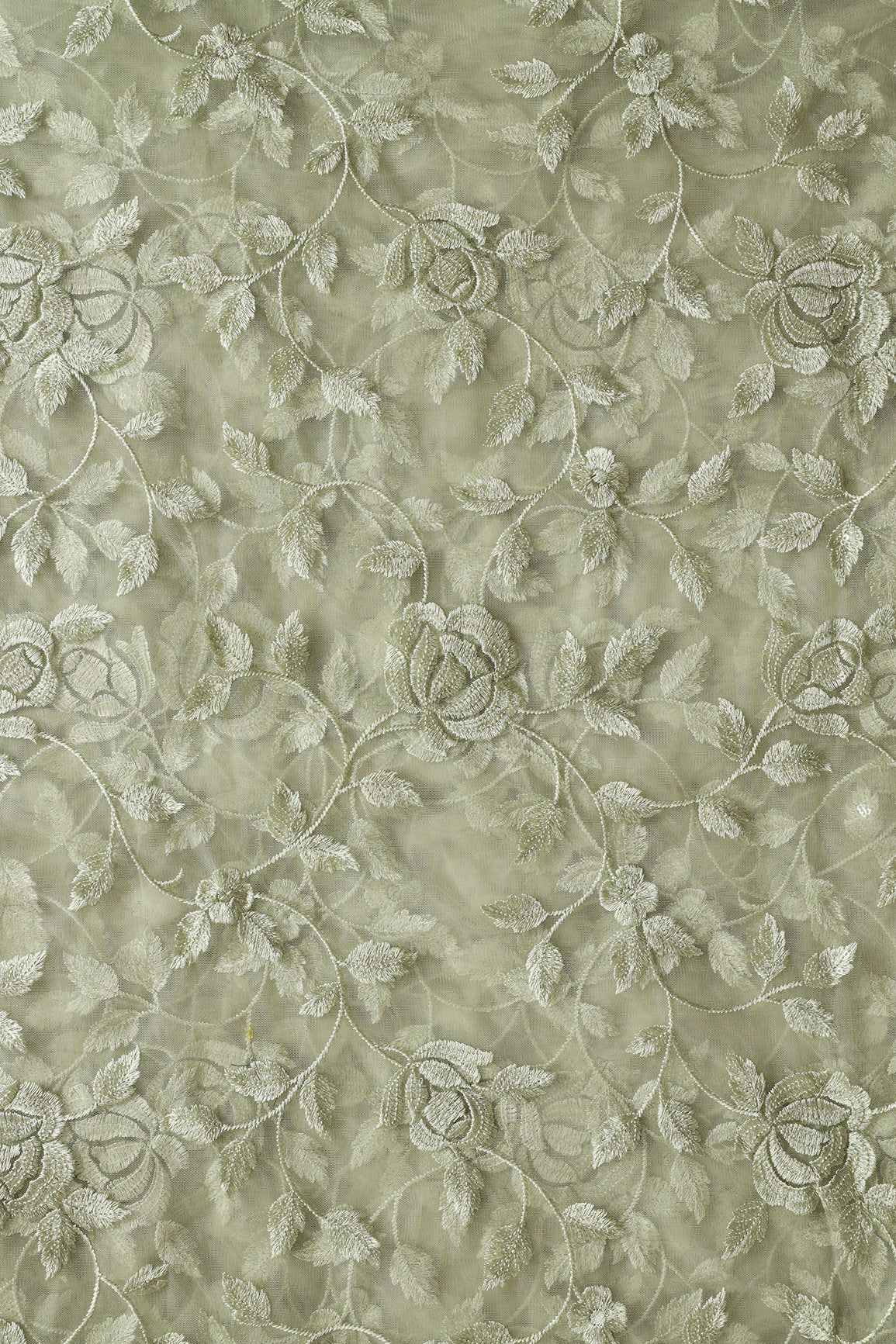 Gorgeous Olive Thread With Sequins Floral Leafy Embroidery On Olive Soft Net Fabric