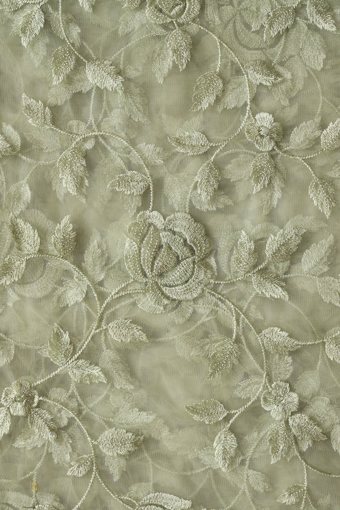 Gorgeous Olive Thread With Sequins Floral Leafy Embroidery On Olive Soft Net Fabric