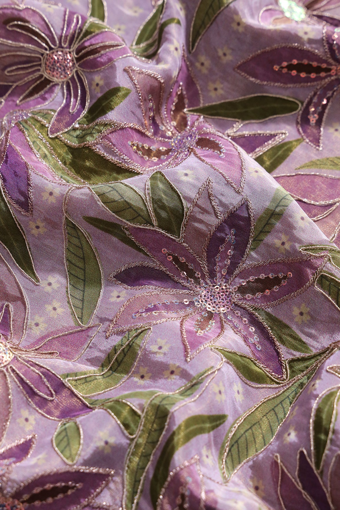 Floral Position Print On Sequins With Zari Embroidery On Lavender Viscose Zari Tissue Fabric