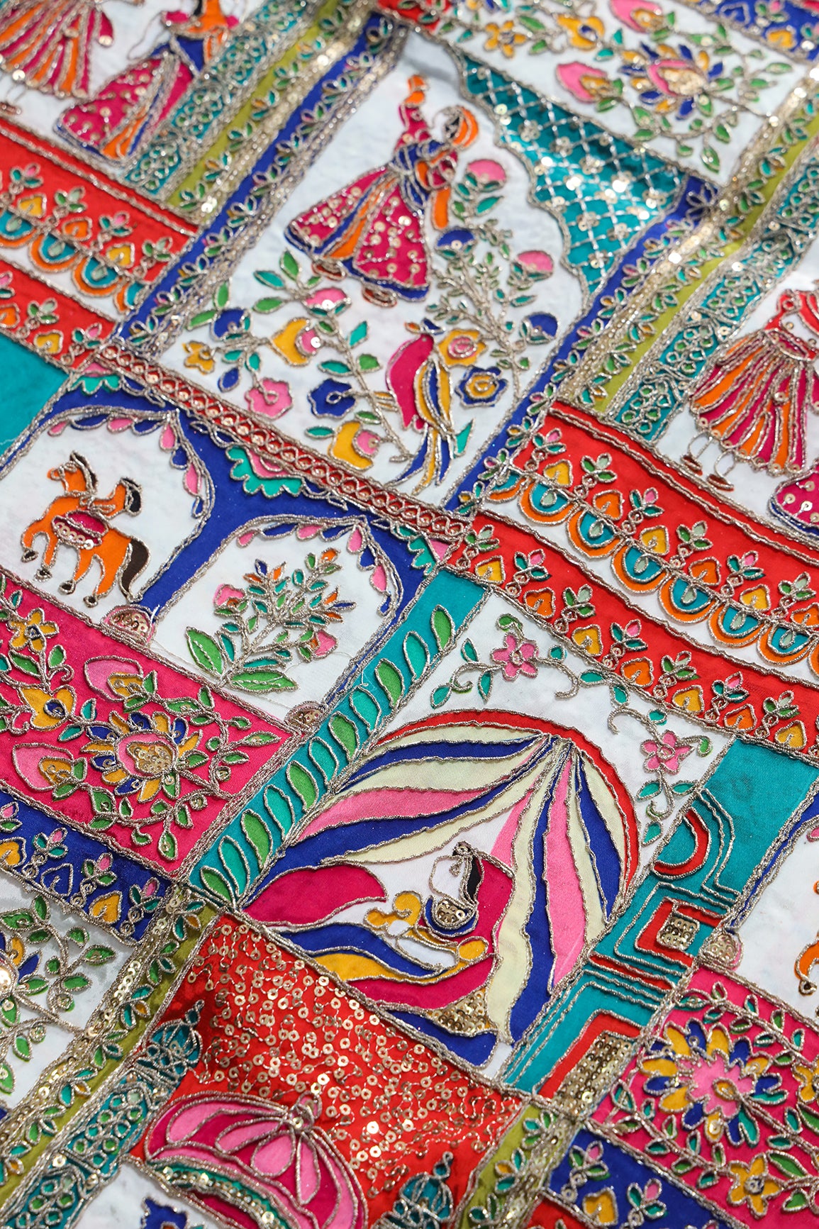 Positional Print with Zari And Sequins Traditional Embroidery On White Crepe Fabric