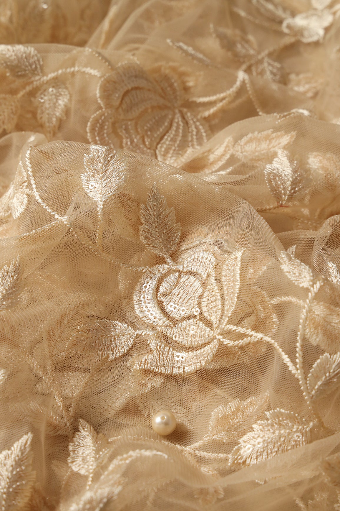 Gorgeous Beige Thread With Sequins Floral Leafy Embroidery On Beige Soft Net Fabric