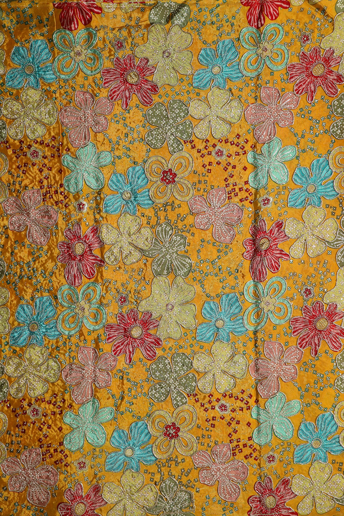 Floral Position Print On Sequins With Zari Embroidery On Mustard Yellow Viscose Zari Tissue Fabric