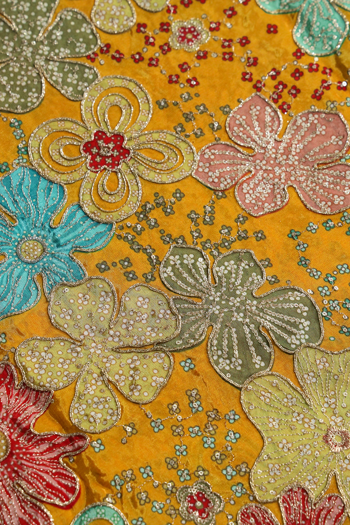 Floral Position Print On Sequins With Zari Embroidery On Mustard Yellow Viscose Zari Tissue Fabric