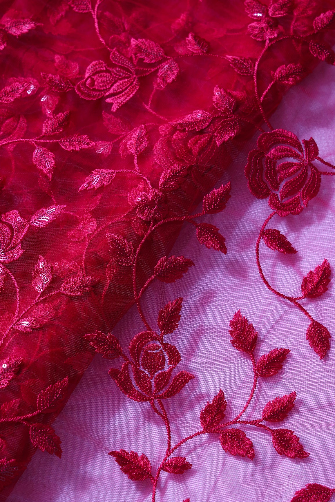 Gorgeous Red Thread With Sequins Floral Leafy Embroidery On Cherry Red Soft Net Fabric