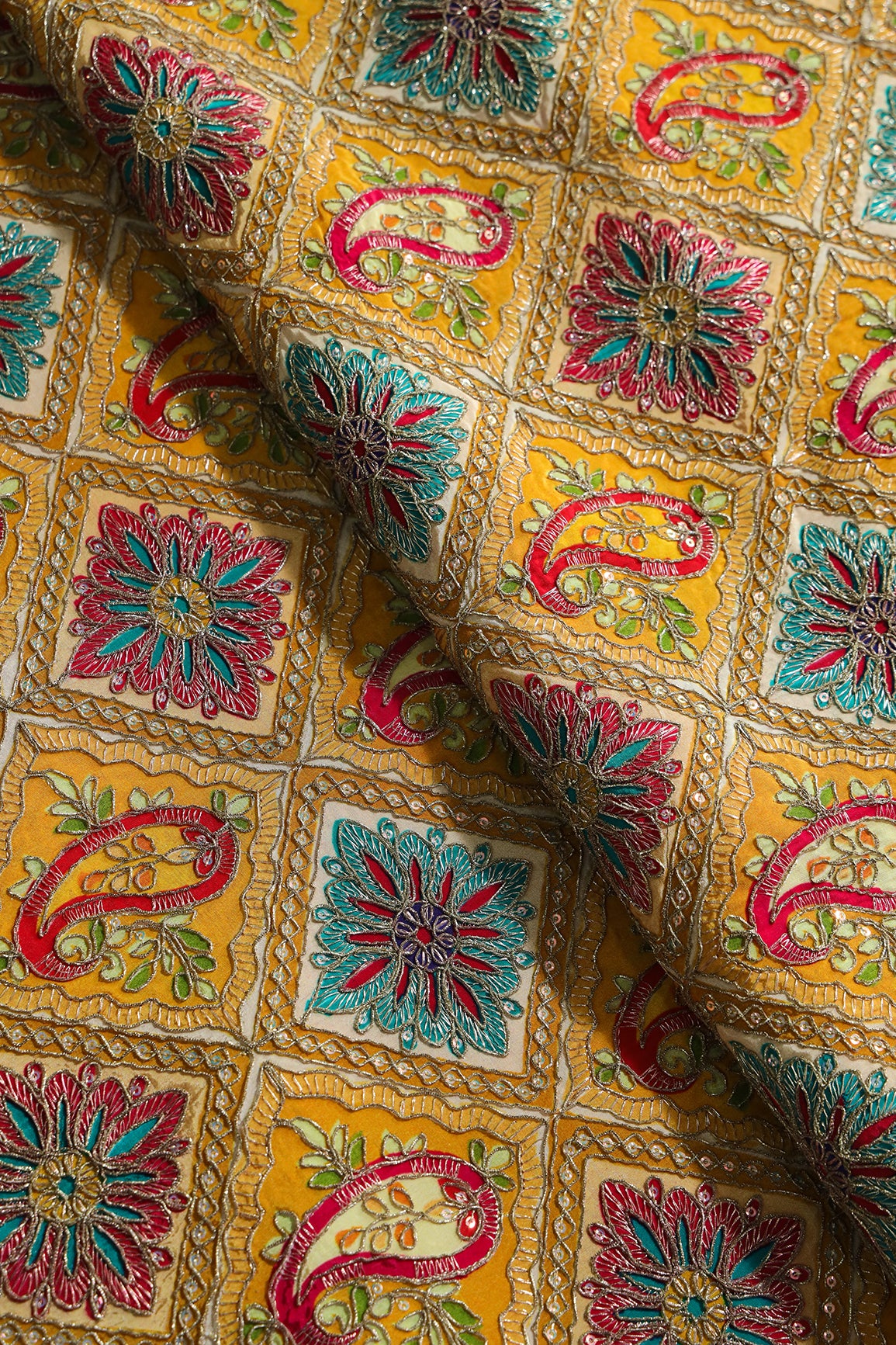 Heavy Gold Zari With Sequins Traditional Embroidery On Positional Print Yellow Crepe Fabric
