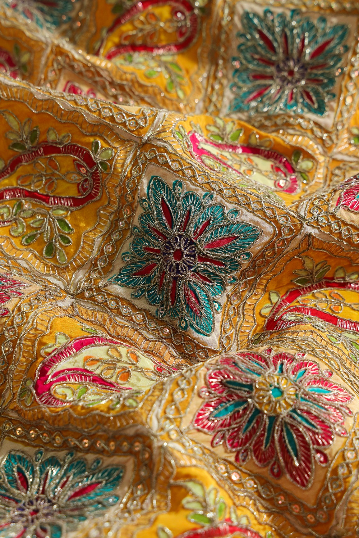 Heavy Gold Zari With Sequins Traditional Embroidery On Positional Print Yellow Crepe Fabric