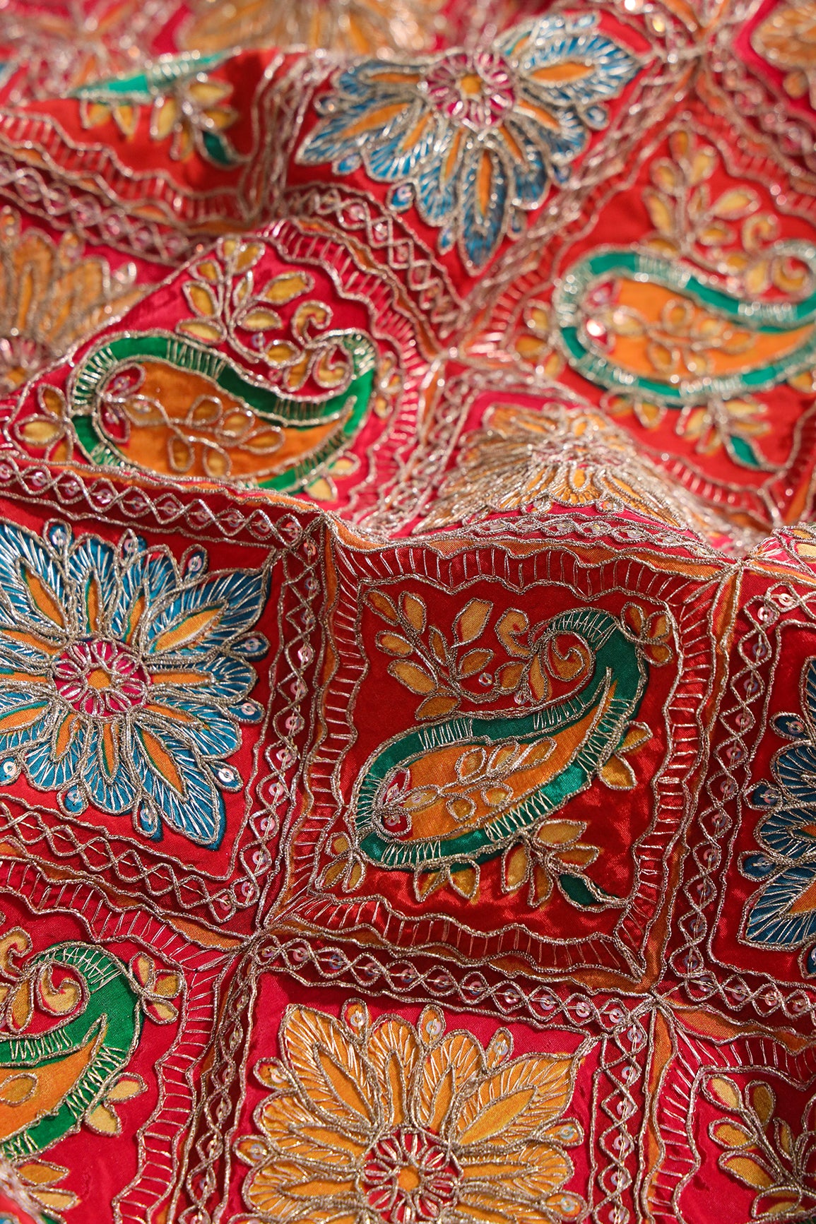 Positional Print With Sequins And Traditional Embroidery On Red And Ra