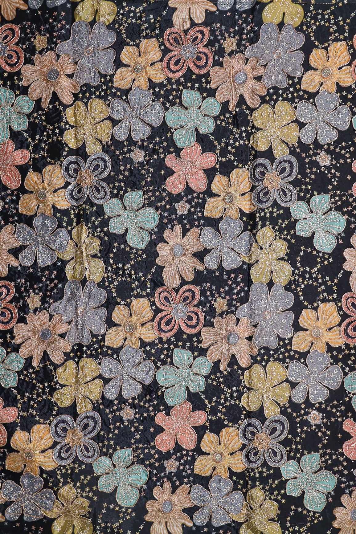 Floral Position Print On Sequins With Zari Embroidery On Black Viscose Zari Tissue Fabric