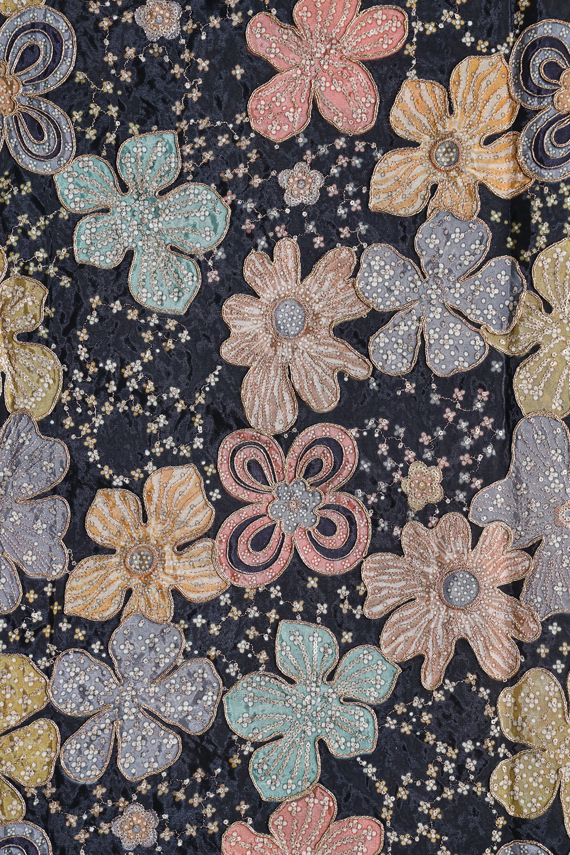 Floral Position Print On Sequins With Zari Embroidery On Black Viscose Zari Tissue Fabric