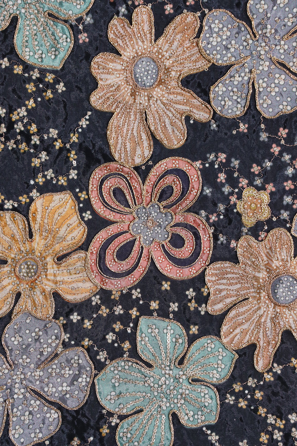 Floral Position Print On Sequins With Zari Embroidery On Black Viscose Zari Tissue Fabric