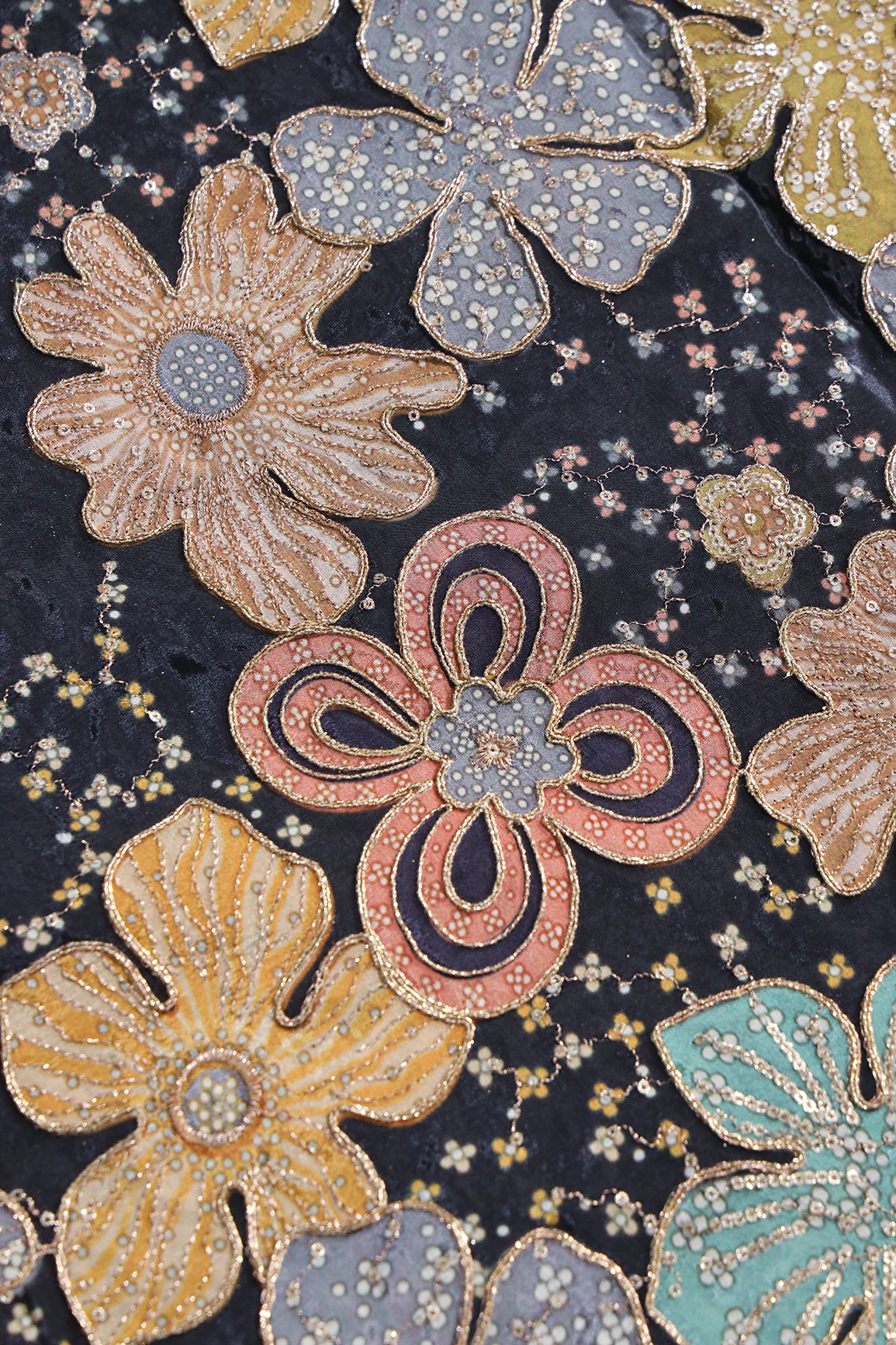 Floral Position Print On Sequins With Zari Embroidery On Black Viscose Zari Tissue Fabric
