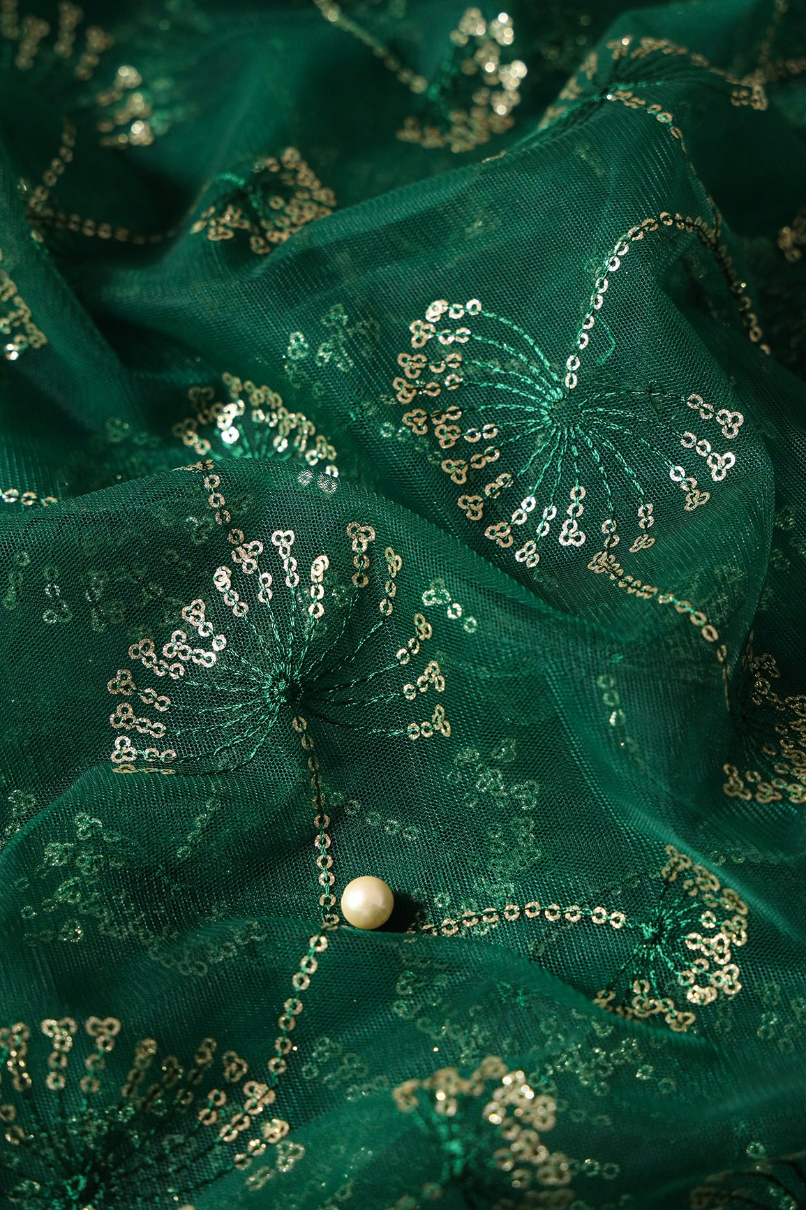 Green Thread With Gold Glitter Sequins Floral Embroidery On Bottle Green Soft Net Fabric