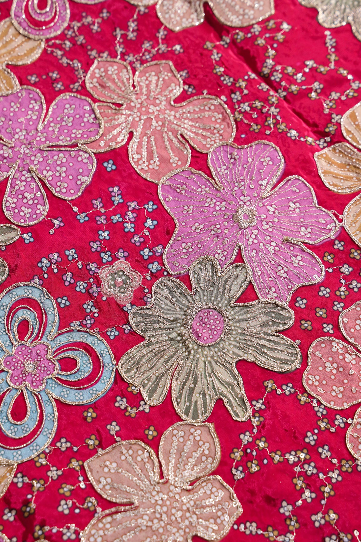 Floral Position Print On Sequins With Zari Embroidery On Fuchsia Viscose Zari Tissue Fabric