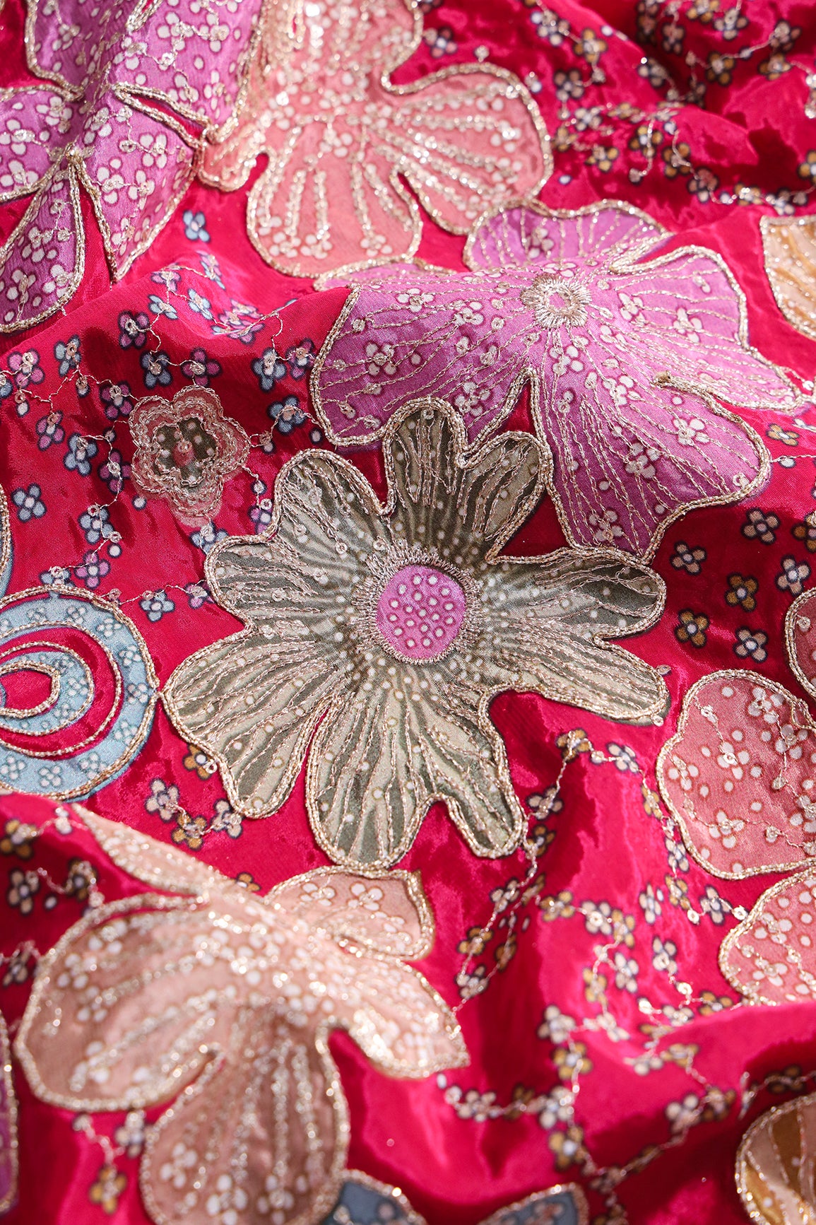 Floral Position Print On Sequins With Zari Embroidery On Fuchsia Viscose Zari Tissue Fabric