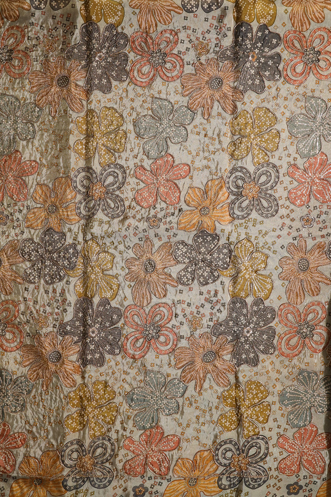 Floral Position Print On Sequins With Zari Embroidery On Pastel Grey Viscose Zari Tissue Fabric